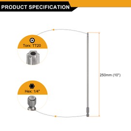 HARFINGTON 3pcs TT20 Security Torx Head Screwdriver Bit 10" (250mm) Long 1/4" Hex Shank Magnetic Tamper Proof 6 Point Star Screw Driver Drill Bits S2 Steel Hole Tip Industrial Power Tools