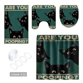 GUBIYU 4 Pcs Black Cat Shower Curtain Set with Rugs,Funny Animal Toilet Lid Cover, are You Pooping Bath Mat,Waterproof Animal Print Bathroom Decor Sets Accessories with 12 Hooks Bathroom Accessory