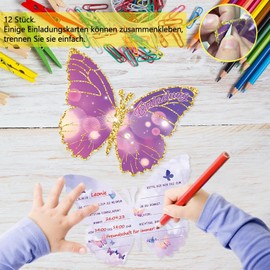Tixlux 12 Butterfly Invitation Cards for Children's Birthdays, 12 x 10 cm, Birthday Invitations for Girls and Boys, Children's Birthday Party Invitations, Children’s Parties, German Version