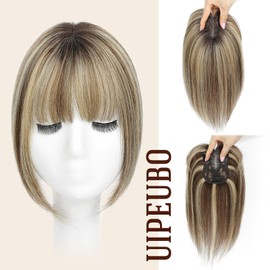 UIPEUBO Hair Toppers for Women Real Human Hair Toppers with Thinning Hairpieces for Women with Bangs 10 Inch Human Hair Topper for Cover Gray Roots (4T427#)