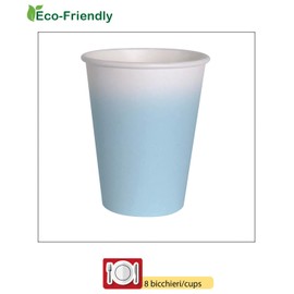 Kit Party Tavola Flower Shape per 8 persone (44 pezzi: 8 piatti Ø23cm, 8 piatti Ø18cm, 8 bicchieri 200ml, 20 tovaglioli 33x33cm) in carta compostabile eco-friendly, azzurro pastello