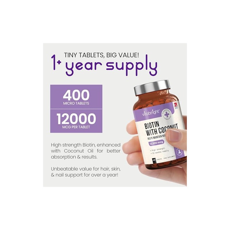 VitaBright Biotin Hair Growth Vitamins | 12000mcg | 400 D-Biotin