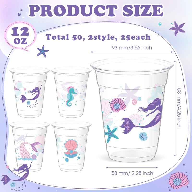 Yaomiao 50 Pieces Mermaid Party Cups Bulk 12 Oz Disposable