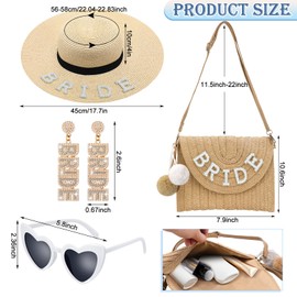 Bunnycool 4 Pcs Bridal Shower Gifts Set Bride Sun Hat Straw Shoulder Bag Sunglasses Earrings Bachelorette Gifts for Summer Beach