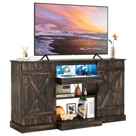 Tangkula 58”L Farmhouse LED TV Stand for TV up to 65 Inch, 32”H Tall Entertainment Center with 20 Color Led Lights, Media Console Table with Cubbies & Cabinets, Large Storage Cabinet for Living Room