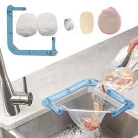 HiBD - Kitchen Sink Triangle Tri-Holder Filter, Sink Strainer, Sink Drain Strainer, with a Triangular, Improved Foldable Blue Frame and 100 Pieces Large Filter Mesh Bags for Kitchen Leftovers