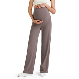 G4Free Maternity Pants for Work Stretchy Yoga Pants Over The Bump Athletic Pregnancy Pajama Pants Straight Leg Outfits(Taupe,L,Regular)