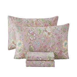 URBONUR Pink Floral Sheet Set Queen Size 4-Pieces 100% Cotton Percale Sheets for Queen Bed Shabby Vintage Flowers Bed Sheets Queen Soft Crisp Luxury Bedding Set, Deep Pocket Sheets