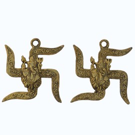 craftslook Metal Lord Ganesha Swastik Wall Hanging – 3.5'' Inch, Set of 2 – Traditional Hindu Décor for Home, Temple, Office, Entrance – Spiritual Gift Item for Housewarming, Festive Decoration