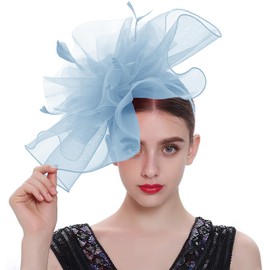 RZTA Women's Fascinators Hat for Women Tea Party Headband Wedding Cocktail Flower Mesh Feathers Hair Clip 01 Light Blue