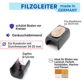 Design61 Felt Glides Set of 4 for Cantilever Chair Glides Floor Glides Diameter 24-25 mm Silencer Furniture Glides Clamp Shell Glides with Noise-Dampening Felt Sliding Surface