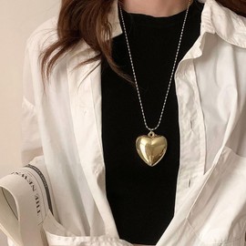 Gold Puffy Heart Locket Necklace for Women Chunky Cute Adjustable Large Love Pendant Choker Trendy Heart Charm Necklace Valentine's Day Lovers Jewelry (Gold)