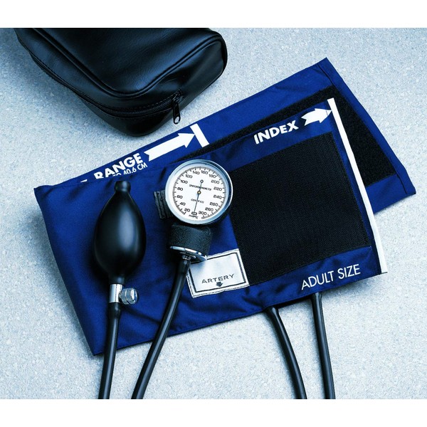 McKesson Basic Pocket Aneroid Sphygmomanometer - Blood Pressure Gauge and Cuff, 2 Tubes, for Small Adults, Navy Blue - Large Cuff, 12 cm to 17 cm, 21.6 in Long Tubes, 1 Count