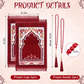 SmoothNovelty 2Pcs Muslim Prayer Rug with 2Pcs Prayer Beads Thick Soft Velvet Prayer Matt Islam Arabic Turkish Design Daily Salah Mat Sajadah Meditation Ramadan Eid Gift for Women Men(Red)