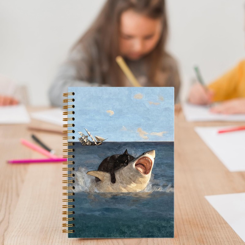 Foritho Funny Black Cat Shark Notebook, Retro Black Kitty and
