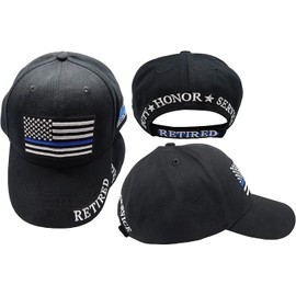 Flakita's Novelties USA Thin Blue Line Police Retired Veteran Officer Black 100% Cotton Adjustable Embroidered Cap Hat