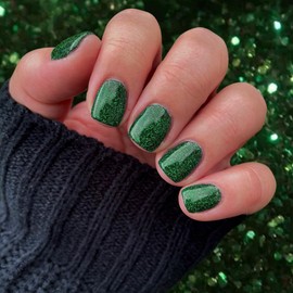 KQueenest Dark Green Glitter Nails Press ons, Gel Press on Nails Short Square, Long Lasting Sparkly Shiny Fake Nails Cute, Small Glue on Nails Short, Bling False Nails for Festival Manicure, 24 Pcs