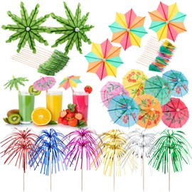 180 Pcs Drink Umbrellas Cocktail Picks Coconut Palm Cocktail Umbrellas Firework Drink Stirrers Tropical Cocktail Sticks for Drinks Fruit Hawaiian Party Decorations Cocktail Accessories, 4 Styles