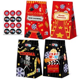 24 Pcs Movie Night Goodie Bags with Stickers,Movie Night Themed Birthday Favor Bags,Now Showing Party Gift Bags for Party Decoration Supplies