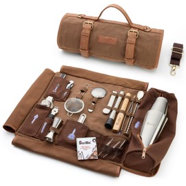 Barillio Bartender Kit Bag with Cocktail Shaker Set - Waxed Canvas, Traveling Bar Tools Bag with 17-Pc Cocktail Kit - Travel Mixology Bartending Kits - Mobile Bar Roll with Strap & Accessories