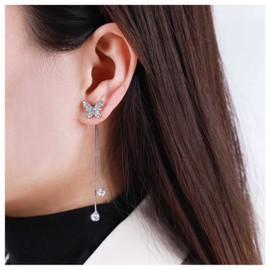 Yheakne Vintage CZ Butterfly Chain Earrings Silver Crystal Butterfly Earrings Long Chain Tassel Earrings Tiny Crystal Drop Earring Jewellery for Women and Girls