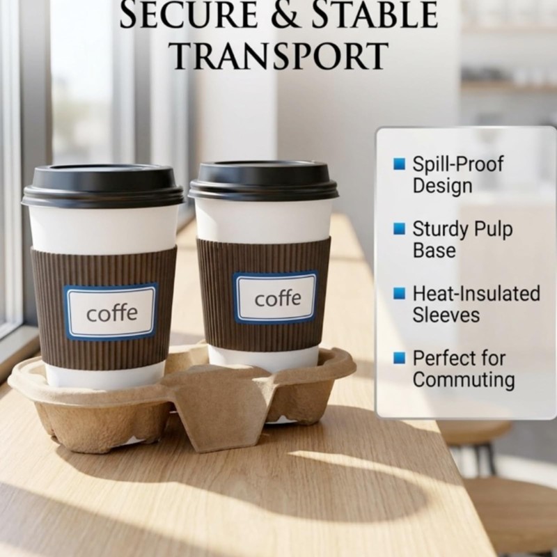 2 Cup Disposable Coffee Trays,Pulp Fiber Cup Holder Commercial Compostable