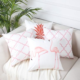 Throw Pillow Covers Geometric | Flamingo | Pineapple Decorative Pillowcase Pink/White for Sofa, Couch 18 x 18 inch Pack of 4 by JV Home