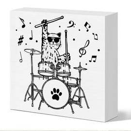 Drummer Gifts for Men Women Boy Girl, Birthday Christmas Drumming Gifts for Drummer Kids Teen Boy Girl Drum Player, Cat Playing Drums, Drum Room Man Cave Music Room Studio Wooden Box Sign