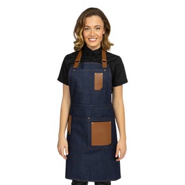 PALLTEX Gerard Cooking Apron Men & Women BBQ Apron - Kitchen Apron with Pockets & Eco Leather - Adjustable Apron for Barista, Cook, Catering & Barbecue, denim