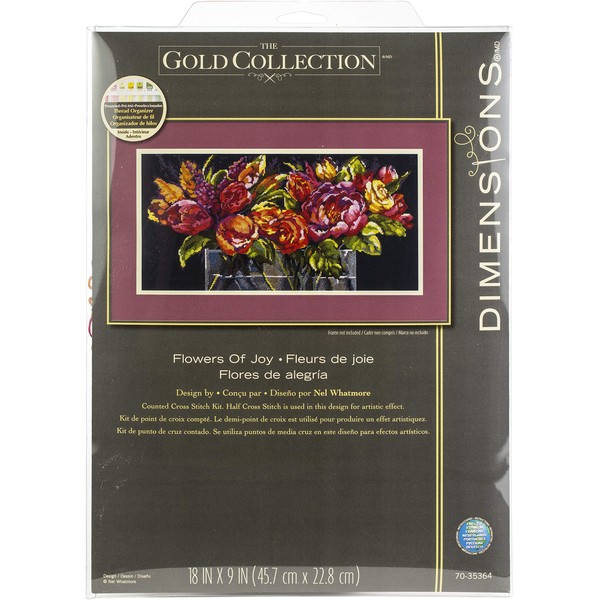 Dimensions Kit de Punto de Cruz Flowers of Joy, colección Dorada, 14 Unidades, Tela Aida Negra, 18 x 9 Pulgadas