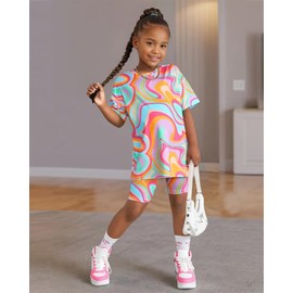 OXUBOAO Girls 2 Piece Outfit Set Oversized Graphic Tshirts and Leggings Short Sleeve Top + Biker Shorts Kids Summer Clothes (Pink， 9-10T)