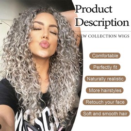Curly Wig for Women Long Ombre Gray Blonde Curly Wigs 26inch Synthetic Middle Part Wig Natural Looking Hair Replacement Curly Wigs for Daily Party Use
