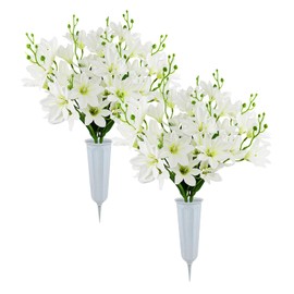 CUQRY Artificial Cemetery Flowers with Vase -2 Set of White Silk Memorial Orchids with Headstones Vase for Grave Graveyard Decoration