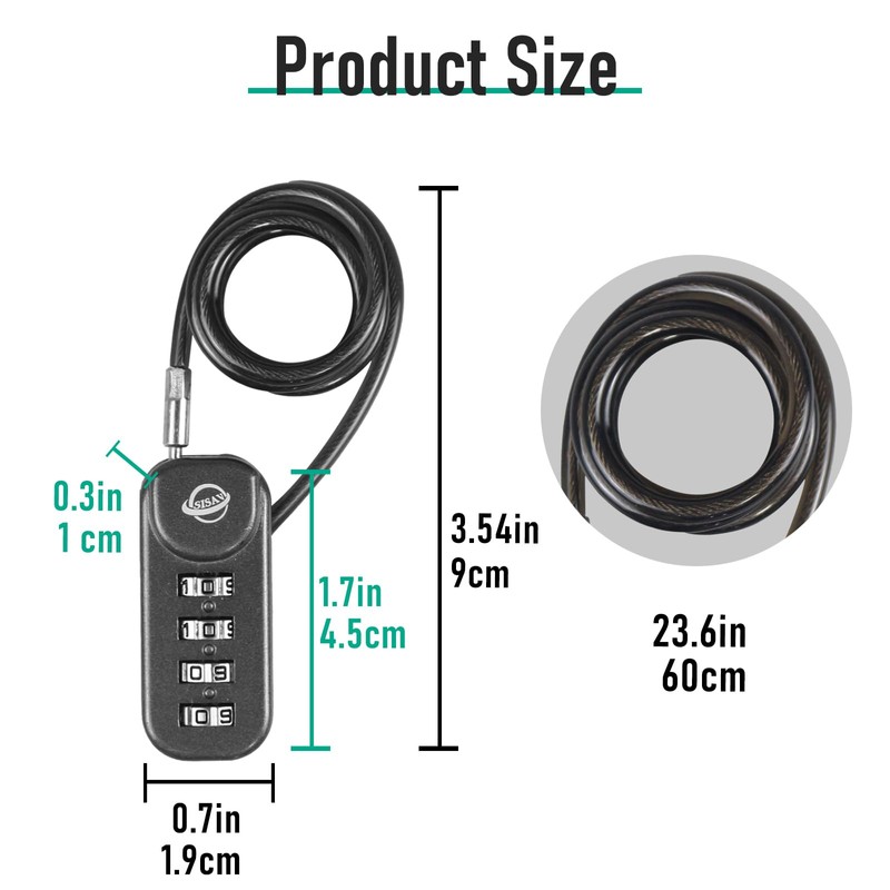 SISAV 4-Digit Combination Padlock with 24 inch(60cm) Cable Suitable for