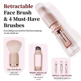 Retractable Powder Makeup Brush with Lip Brush, 5-in-1 Portable Travel Makeup Brushes, Extensible Lip Brush & Powder Foundation Blusher Face Brush for Liquid Cream Powder Cosmetic Multi-task