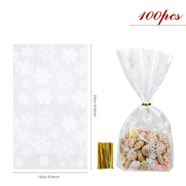 GWHOLE 100 Pcs Christmas Snowflake Cookie Treat Bag Clear Cellophane Plastic Cookie Bakery Candy Bag with Twist Ties for Party Gift Supplies