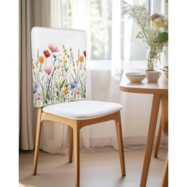 Chair Back Covers Set of 4, Spring Wildflower Linen Kitchen Slipcovers Protective Covers for Dining Chairs for Wedding Party, Summer Pink Blue Floral Green Leaf