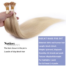22inch I Tip Human Hair Extensions 1g/strand 50 Strands Pre Bonded Stick Tip Keratin Real Remy Hair Extension Straight -#60 Platinum Blonde