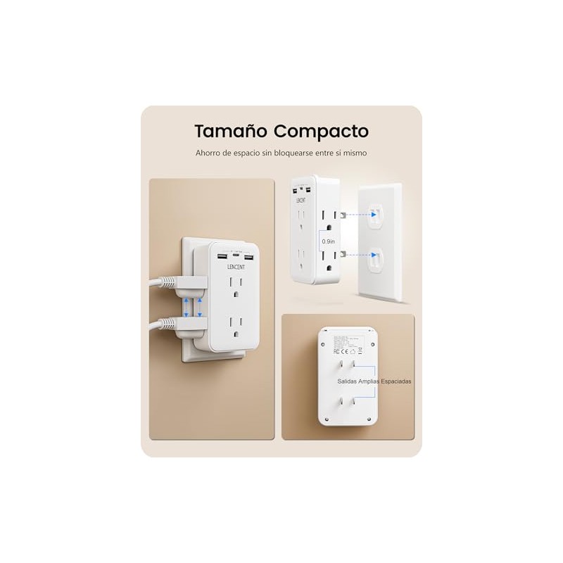 LENCENT Multicontacto Pared de 2 a 3 Clavijas, Extensor de