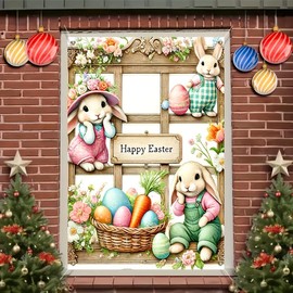 BlissYard Happy Easter Window Cover Banner 31x47 Inch Rabbit Spring Background Banner Easter Window Cover Party Bunny Banner Decoration Spring Easter Window Decoration Happy Easter Party Decor