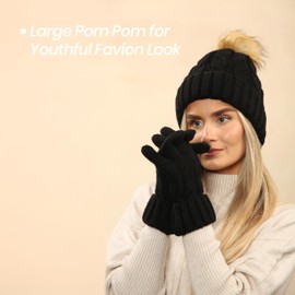 Heatwave Womens 2 Piece Chunky Knit Hat & Gloves Set Faux Fur Pom Pom Chunky Knit Design Warm Winter Beanie Hats for Ladies, Black
