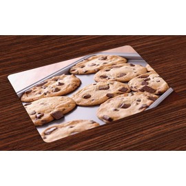 Ambesonne Cookie Place Mats Set of 4, Chocolate Chip Snacks on a Tray Baking Themed Food Photography Dessert Time Concept, Washable Fabric Placemats for Dining Room Kitchen Table Decor, Multicolor