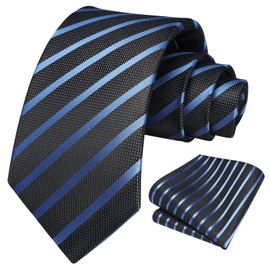 HISDERN Ties for Men Blue Tie Black Blue Striped Mens Tie and Handkerchief Set Business Formal Neckties Woven Pocket Square Set Husband for College Wedding