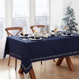 Elrene Home Fashions Snowflake Laser Cut Holiday Fabric Tablecloth, 52"x52" Square, Snowflake Blue