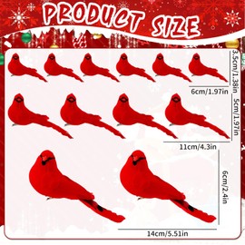 DTOFOOT 12 Pack Christmas Mini Cardinal Birds Ornaments Mini Cardinal Clip On Christmas Tree Ornaments 1.9/4.3/5.5Inch Artificial Red Birds Decorations Yard Patio Wreath Designs（3 Sizes）