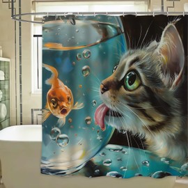 VANZEV Cat and Goldfish Shower Curtain, Playful Kitten with Fishbowl, Cute and Fun Bathroom Decor, Waterproof Polyester Fabric with Hooks, 72x72 Inches