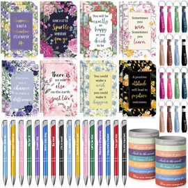 PerKoop 64 Pcs Inspirational Gifts Bulk 16 Motivational Notebooks Journal 16 Ballpoint Pens 16 Wristbands 16 Keychains for Teacher Office Women Employee Party Favor (Floral)