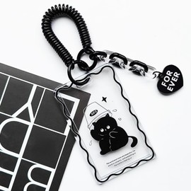 runrayay Acrylic Kpop Photo Card Holder, Keychain Clear Black Cat ID Badge Holder with Keyring Student Bus Card Pendant Key Ring Badge Reel Stationery for Back to School - C