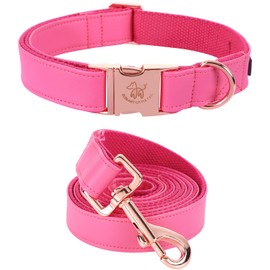 Elegant little tail Pink Leather Dog Collar and Lead Durable Dog Collar, Girl or Boy Collar, Adjustable Dog Collars for Medium Dogs, Neck 13.4-22 Inch