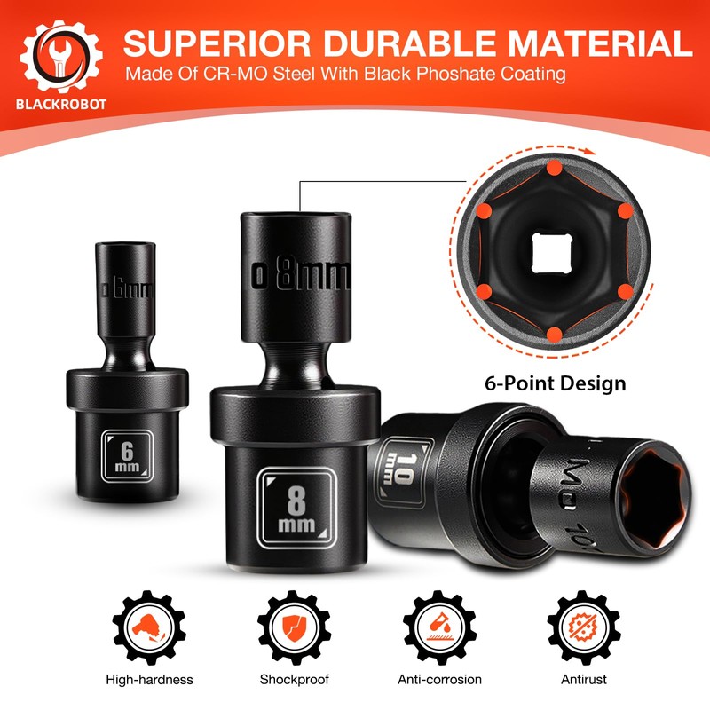 BLACKROBOT 1/4" Drive Universal Impact Socket Set, 16-Pieces Swivel Socket